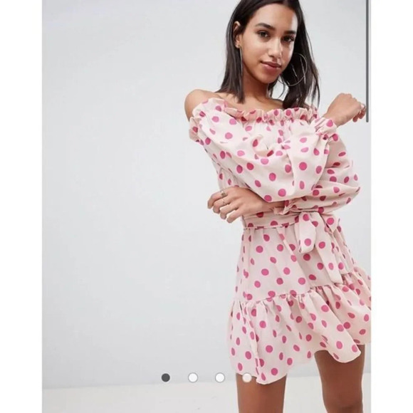 PrettyLittleThing Beige & Pink Polka Dot Bardot Tie Waist Shift Mini Dress 2 - Picture 2 of 6